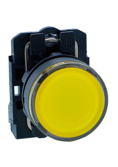 Schneider XB5AW35B1N, Illuminated pushbutton, Harmony XB5, Plastic, Flush, Yellow, 22mm, Spring return, 24V AC DC, 1 NO