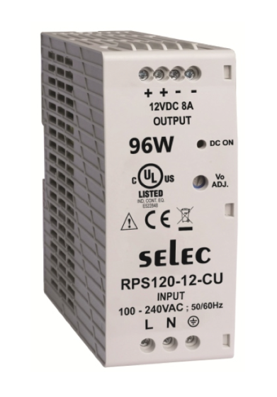Selec RPS120-12-CE, 120Watt 12V/8A Power Supply, DIN Rail Mount, Plastic Housing
