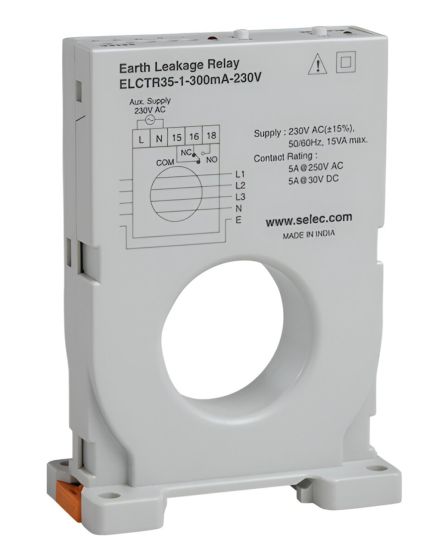 Selec ELCTR35-1-300mA-230V, Three Phase Earth Leakage Relay with Inbuilt CBCT (300mA Fixed). Size 74mm, DIN Rail Mount