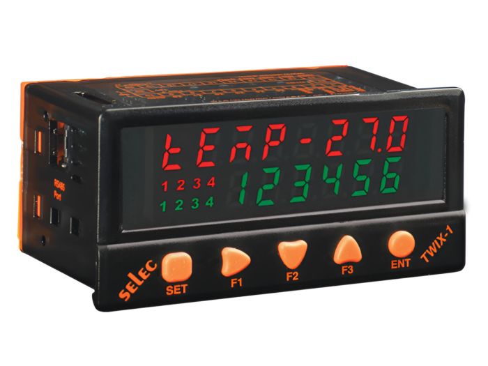 Selec TWIX-1-230V, 4+4 Red + 6 Green Digits LED Display Smart Relay, 6 Digital & 1 Analog Inputs, 4 Relay Outputs, Size 48x96mm, Panel Mount